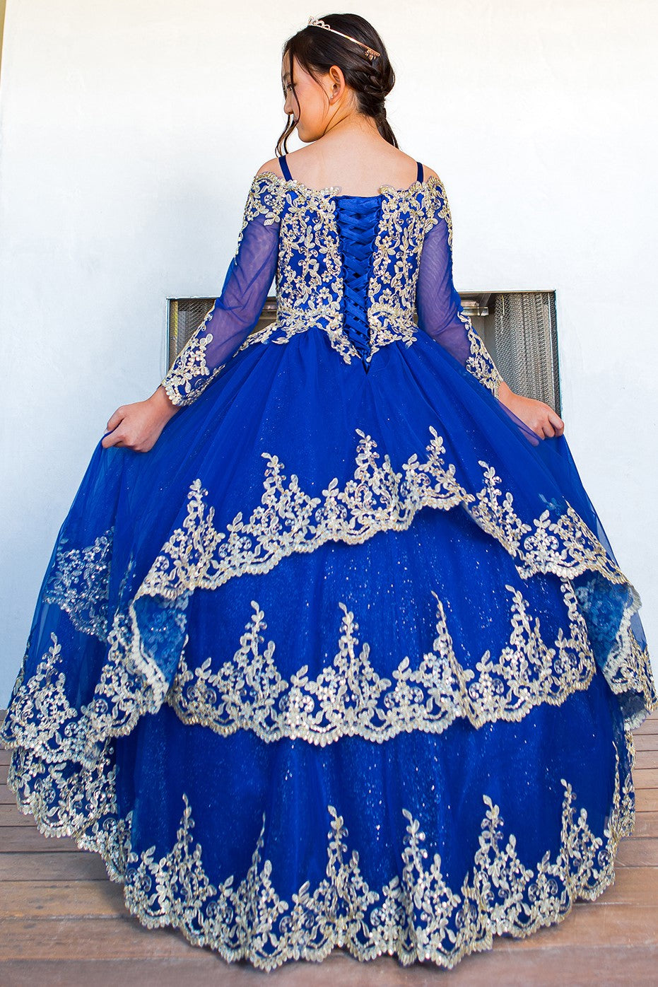 Girls 3D Floral Crystal Beaded Glitter Tulle Pageant Mini Quince Ball Gown