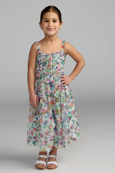 Mac Duggal Girls Floral Mesh A-Line Dress