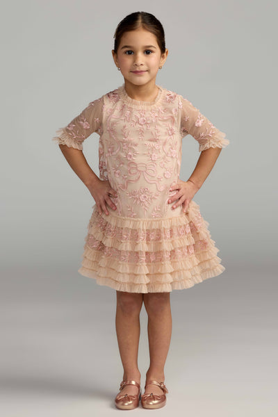 Mac Duggal Girls Embroidered Mesh Ruffle Dress