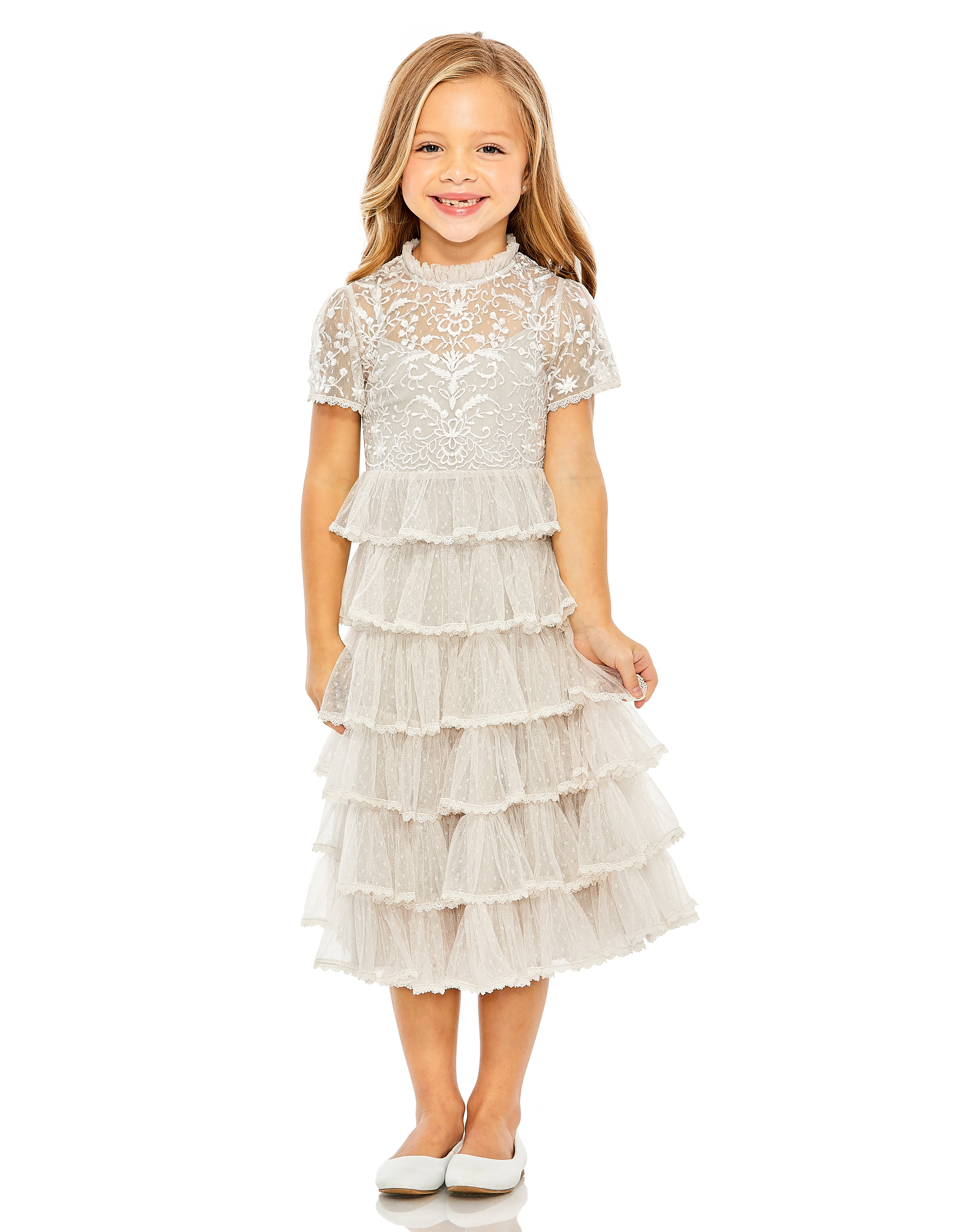 MAC DUGGAL Girls Luxury Mesh Embroidered Special Occasion Wedding Party Dress