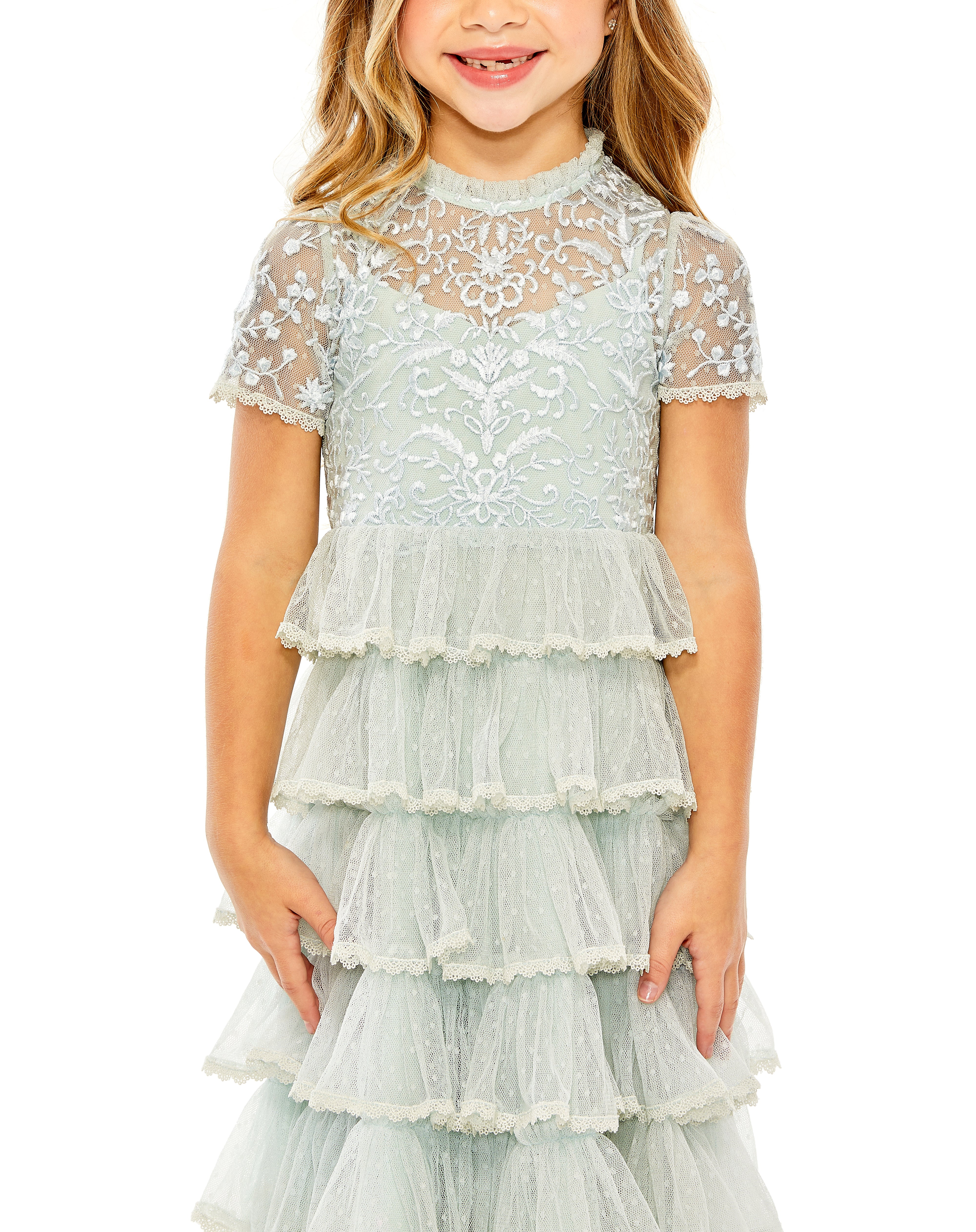 MAC DUGGAL Girls Luxury Mesh Embroidered Special Occasion Wedding Party Dress