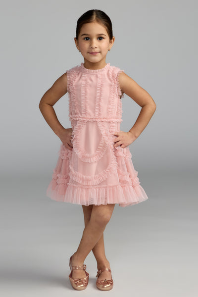 Mac Duggal Girls Rose Mesh Ruffle Dress