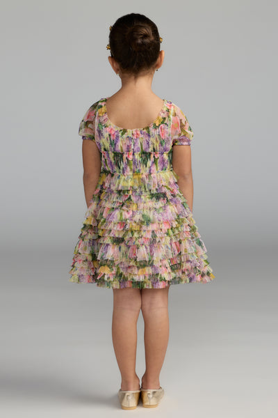 Mac Duggal Girls Floral Mesh Ruffle Party Dress