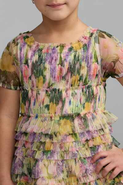 Mac Duggal Girls Floral Mesh Ruffle Party Dress