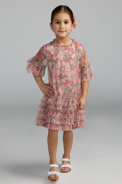 Mac Duggal Girls Pink Multi Floral Ruffle Dress