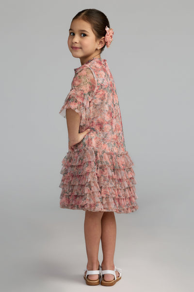 Mac Duggal Girls Pink Multi Floral Ruffle Dress