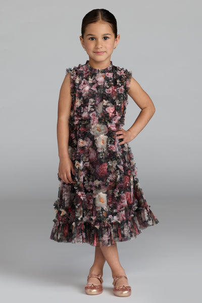 Mac Duggal Girls Floral Ruffle Mesh Dress