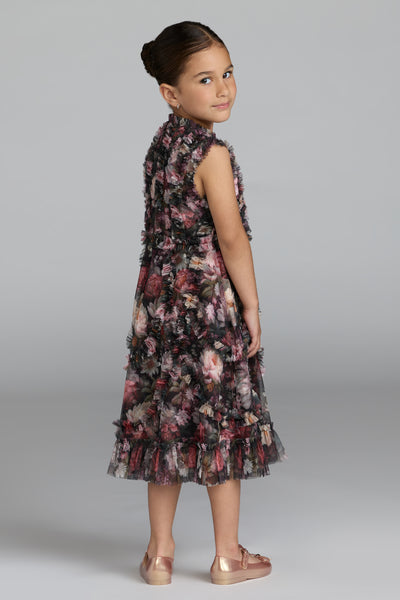 Mac Duggal Girls Floral Ruffle Mesh Dress