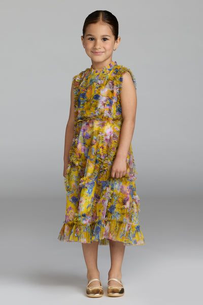 Mac Duggal Girls Floral Ruffle Mesh Dress
