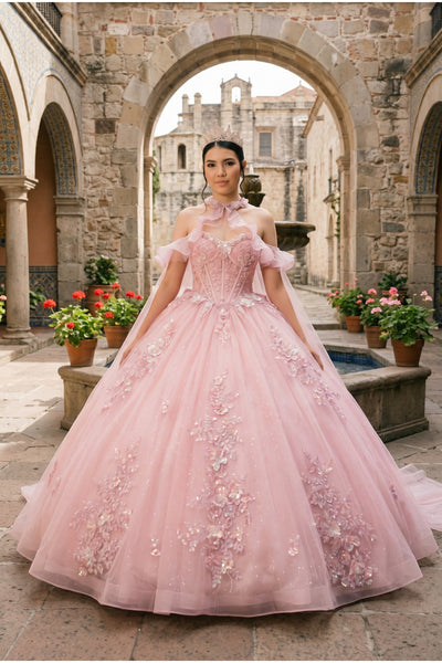 Floral Quinceañera Dress with Cape | Blush Quinceañera