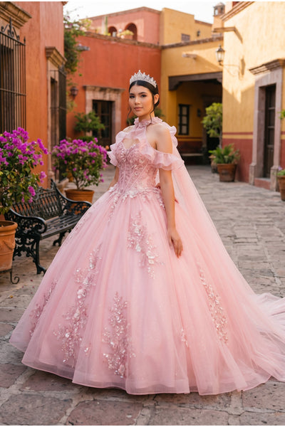 Floral Quinceañera Dress with Cape | Blush Quinceañera