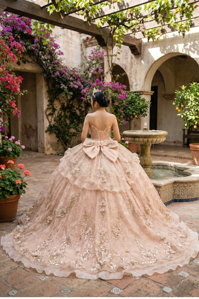 Rose Gold Crystal Quinceañera Ball Gown with Train