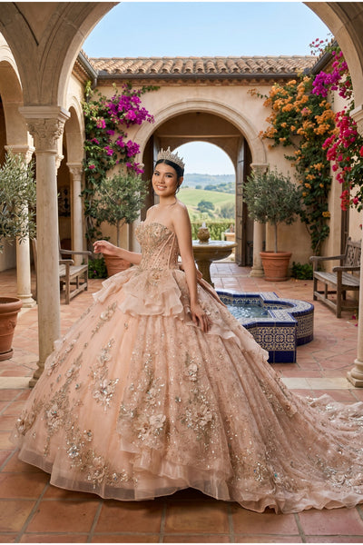 Rose Gold Crystal Quinceañera Ball Gown with Train