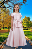 Blush Satin Off-Shoulder Dress | Flower Girl & Communion