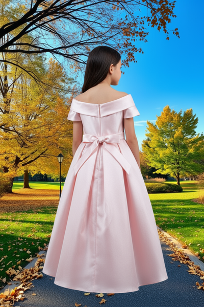 Blush Satin Off-Shoulder Dress | Flower Girl & Communion