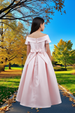 Blush Satin Off-Shoulder Dress | Flower Girl & Communion