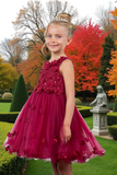 Burgundy Knee Length Flower Girl Dress | Pageant Gown