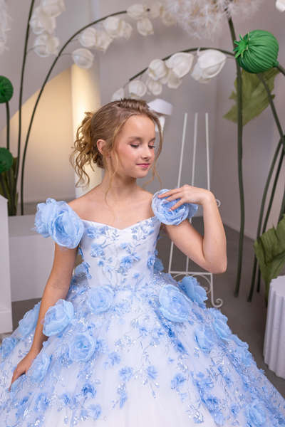 Ivory/Light Blue Fashion Couture Girls Pageant Gown | Blush Kids Luxury