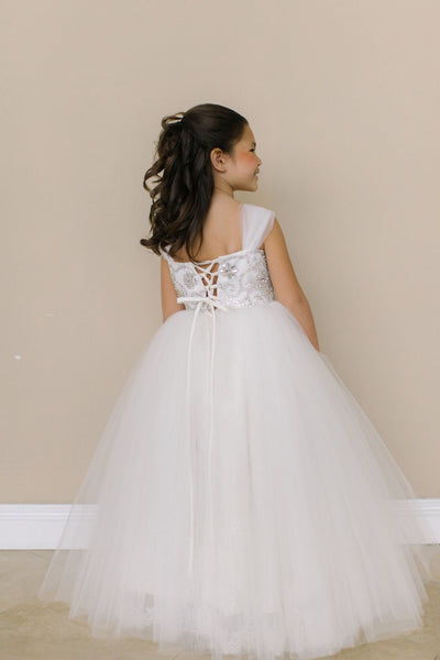 Girls Beaded Tulle Dress | Amalee Ivory Flower Girl Communion Dress