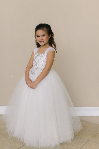 Girls Beaded Tulle Dress | Amalee Ivory Flower Girl Communion Dress