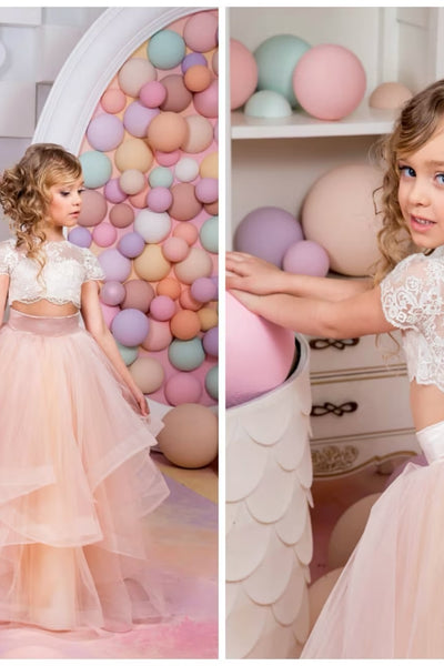 Girls Custom Two Piece Birthday Special Occasion Pageant Party Lace Tulle Outfit