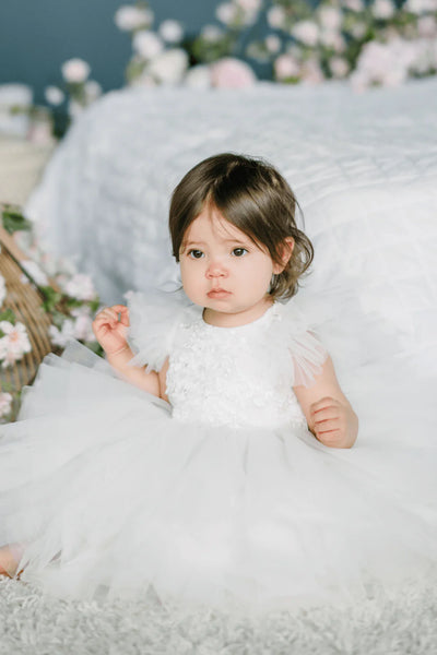 Couture Christening Short Lace Dress with Ruffled Tulle Sleeves