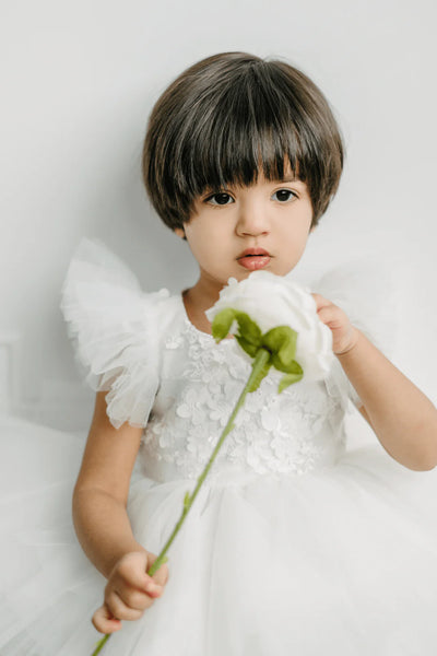 Couture Christening Short Lace Dress with Ruffled Tulle Sleeves
