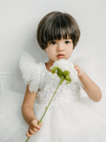 Couture Christening Short Lace Dress with Ruffled Tulle Sleeves