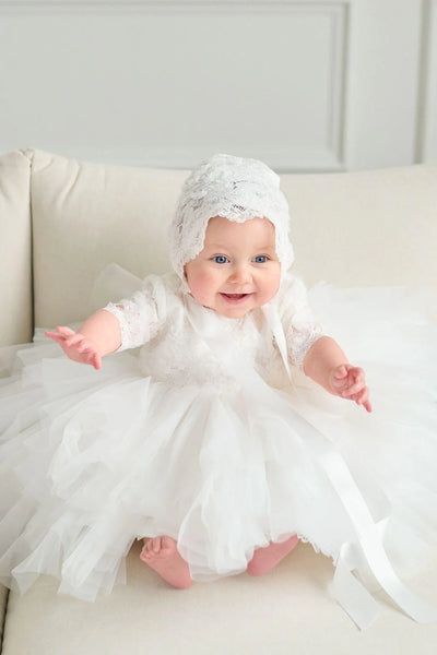 Girls Off White Christening Birthday Tulle & Lace Short Dress