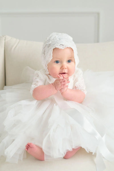 Girls Off White Christening Birthday Tulle & Lace Short Dress