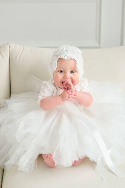 Girls Off White Christening Birthday Tulle & Lace Short Dress