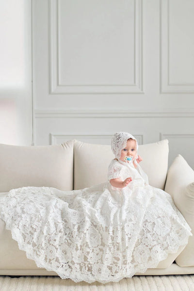 Girls Couture Baptism Lace Gown with Bonnet