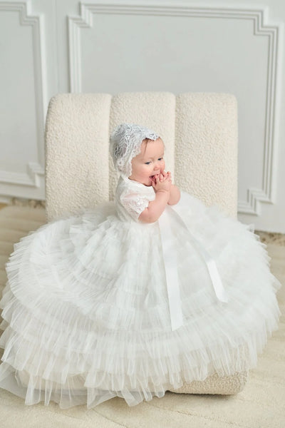 Eden Teter Warm Christening Gown with Tiered Tulle Skirt