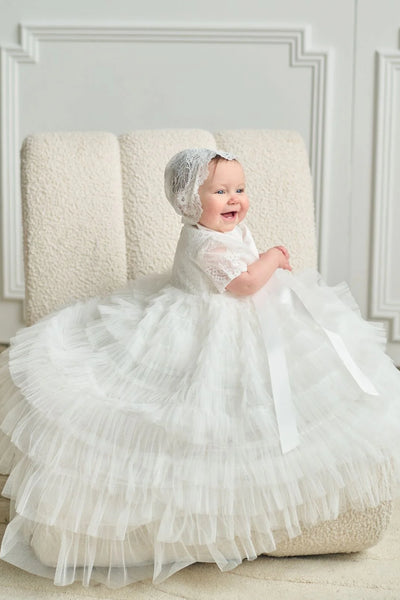Eden Teter Warm Christening Gown with Tiered Tulle Skirt