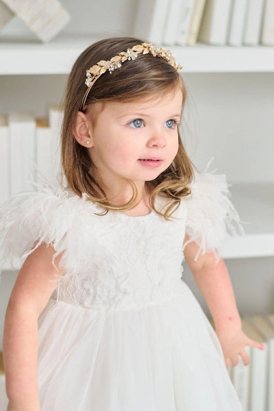 Elowen Feather Sleeve Baby Dress – White Tulle Dress for Christening & Special Occasion