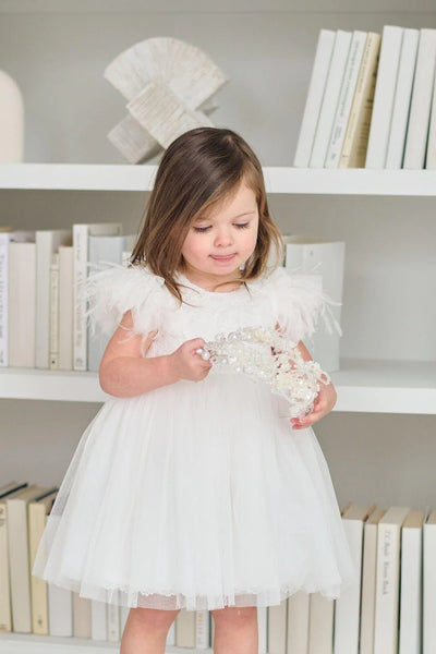 Elowen Feather Sleeve Baby Dress – White Tulle Dress for Christening & Special Occasion