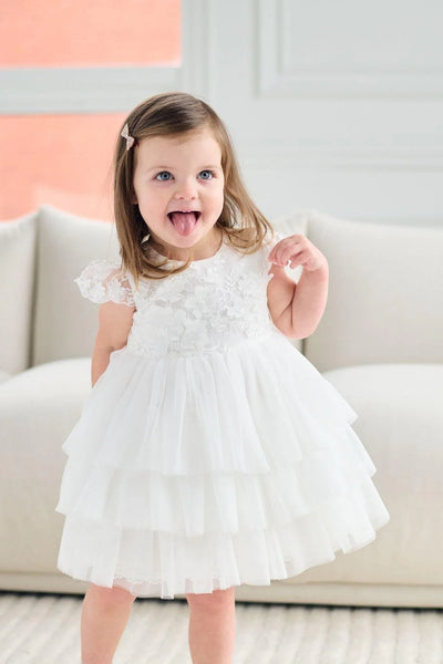 Baby Christening Tulle and Lace Dress with Cap Sleeves