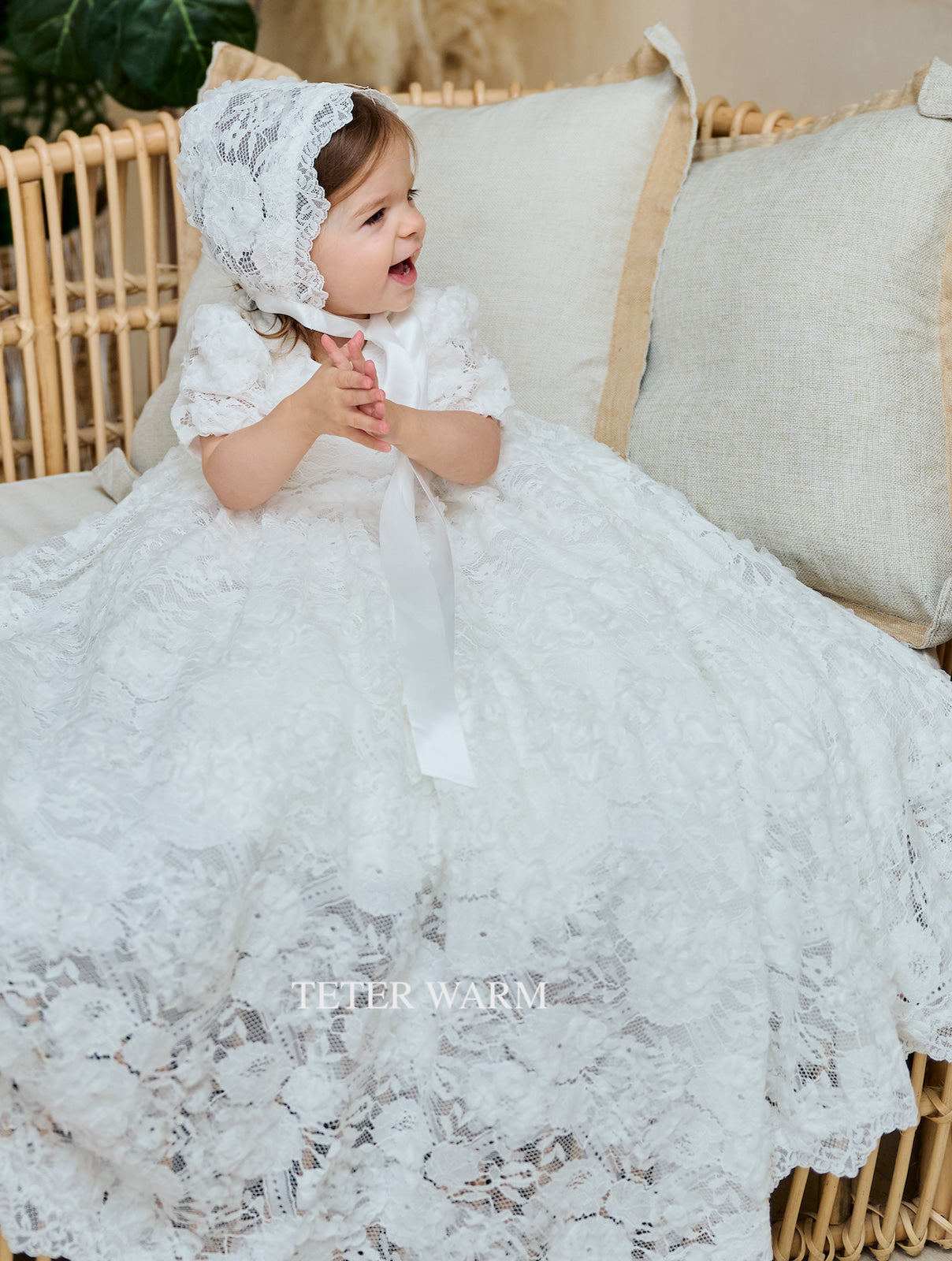 BS21L Teter Warm long Christening Gown with matching bonnet & Rhinestone belt 3 month