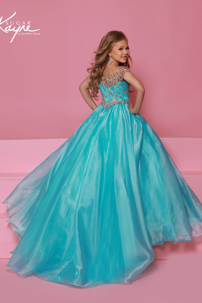 Girls Pageant Ball Gown with Crystal Illusion Details | Sugar Kayne