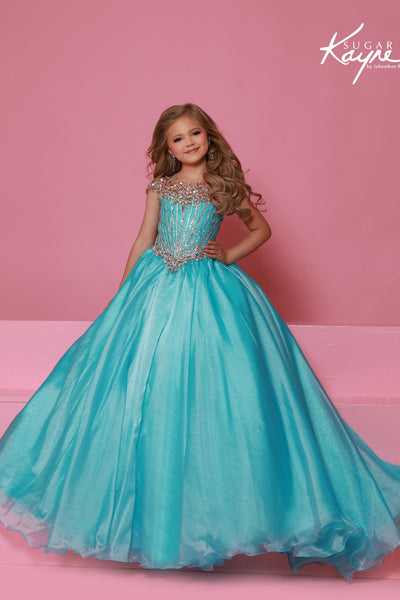 Girls Pageant Ball Gown with Crystal Illusion Details | Sugar Kayne