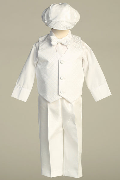 Luca Boys’ Christening Tuxedo – White Baptism Suit with Hat & Bowtie