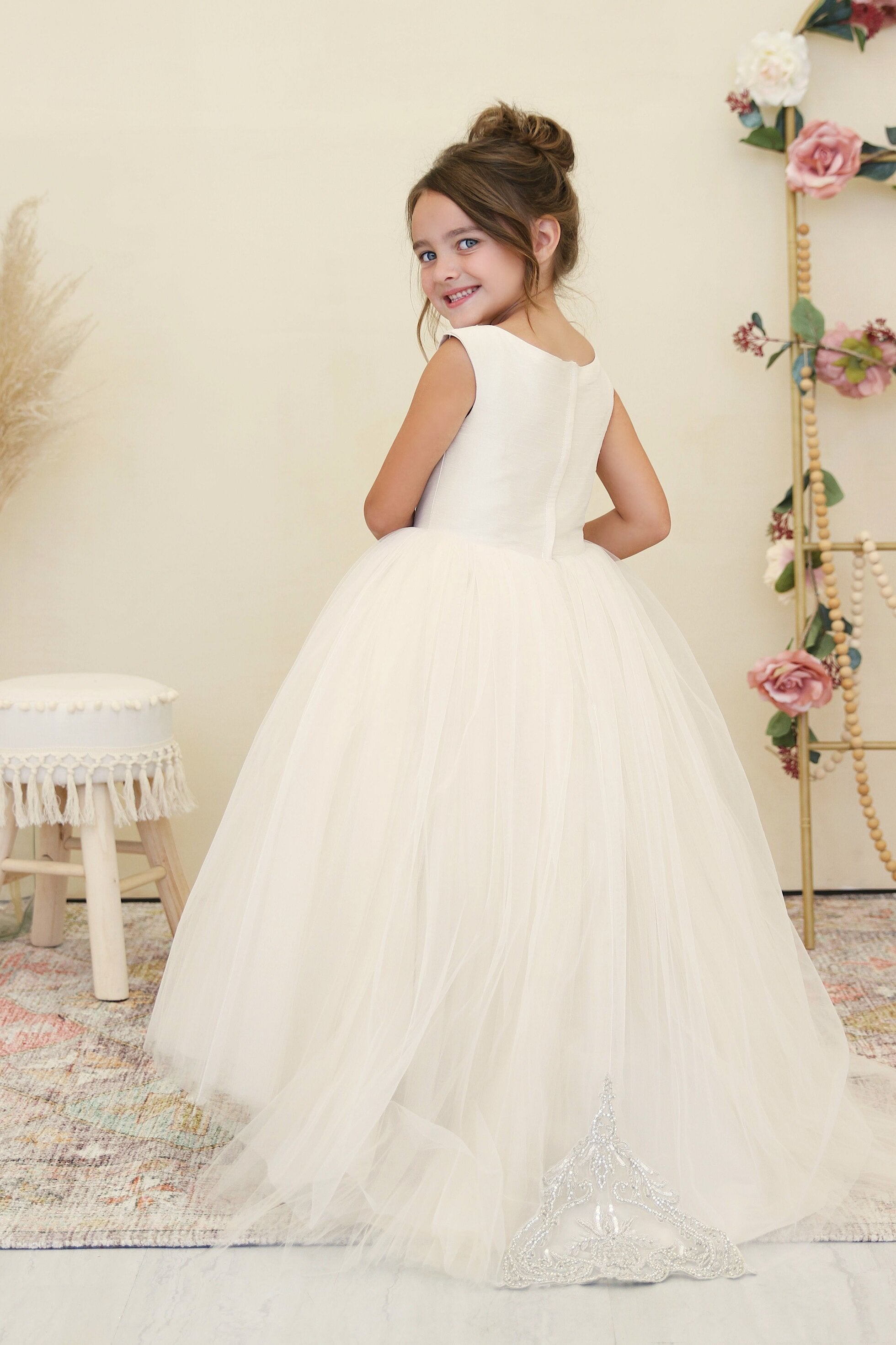 Amalee Couture Tulle Flower Girl Floor Length Communion Dress With Train