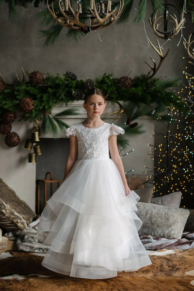 Felecia White Layered Lace Gown – Communion & Flower Girl Dress