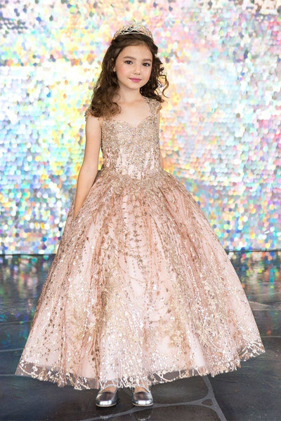Girls Glitter Party Dress Gold Embroidered Ballgown