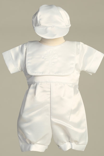 Aaron Baptism Romper – Satin Christening Outfit with Hat