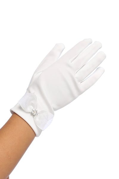 Isabella Satin Gloves with Organza Bow & Jewel Accent – White