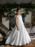 Girls Off White Communion Satin Dress with Pearl Draping & V-Back