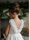 Girls Off White Communion Satin Dress with Pearl Draping & V-Back