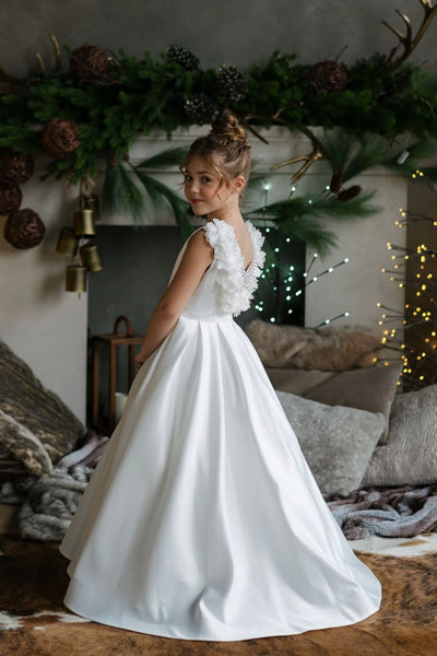 Girls Off White Communion Satin Dress with Pearl Draping & V-Back