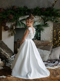 Girls Off White Communion Satin Dress with Pearl Draping & V-Back